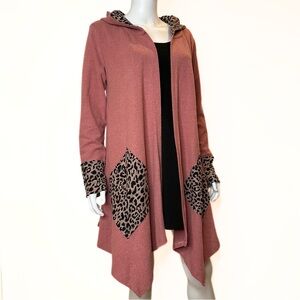 L Love Leopard Accents Hooded Cardigan Sweater Duster Womens SZ S Sporty Spice